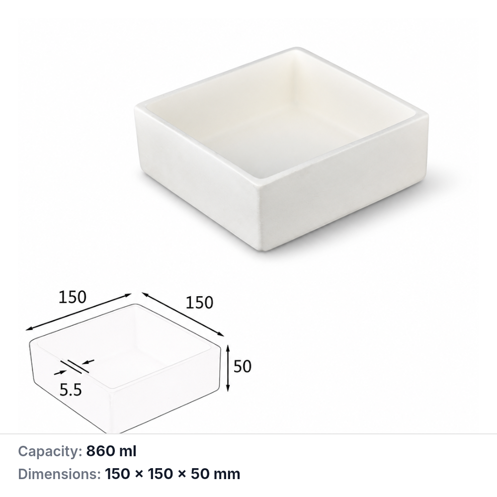 (MQABO143) Square Alumina Boat, 150 × 150 × 50 mm, 860 mL