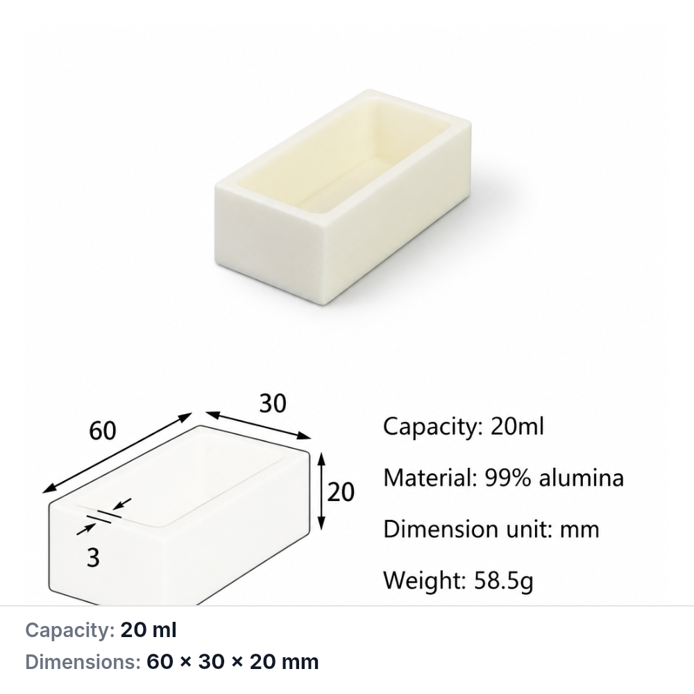 (MQABO156) Rectangular Alumina Boat, 60 × 30 × 20 mm, 20 mL