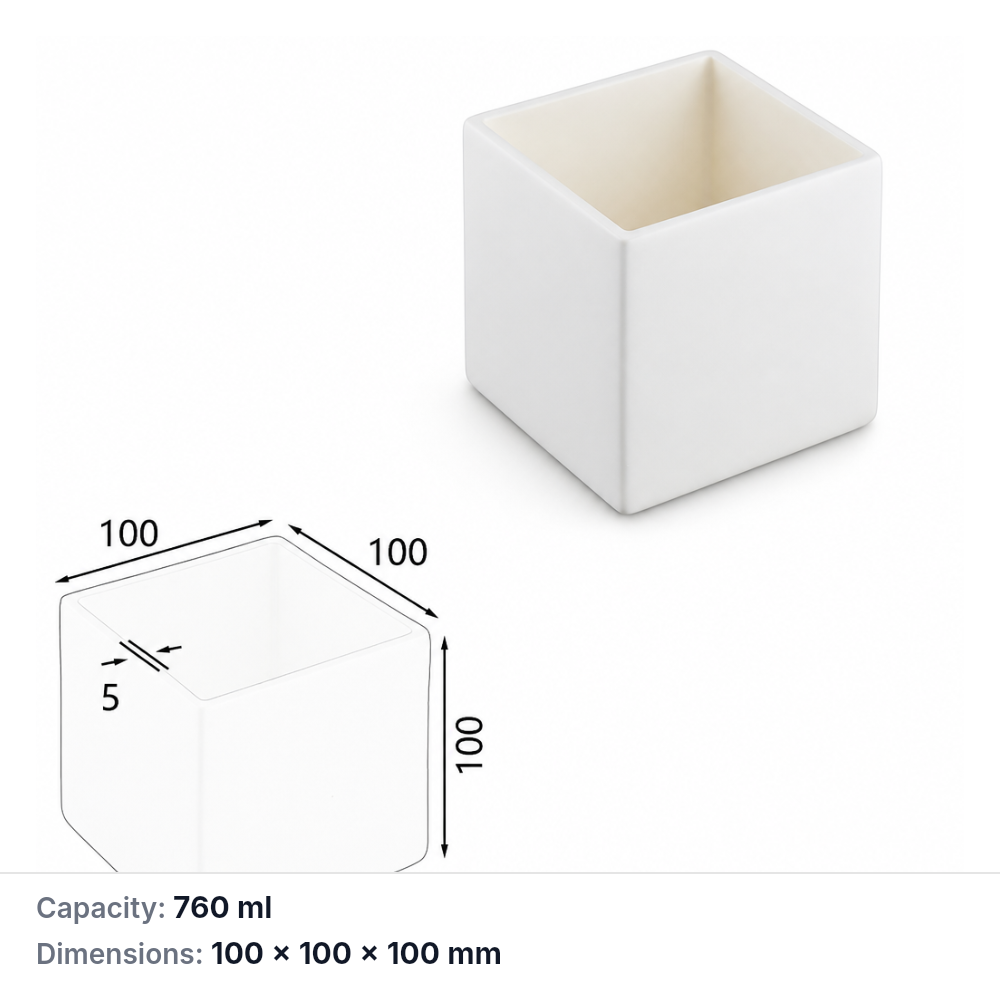 (MQABO162) Square Alumina Boat, 100 × 100 × 100 mm, 760 mL