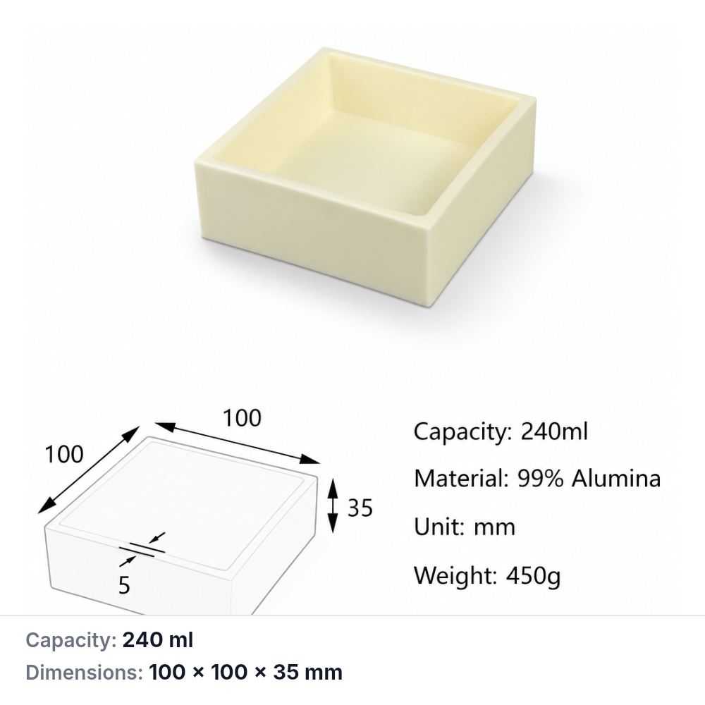 (MQABO168) Square Alumina Boat, 100 × 100 × 35 mm, 240 mL