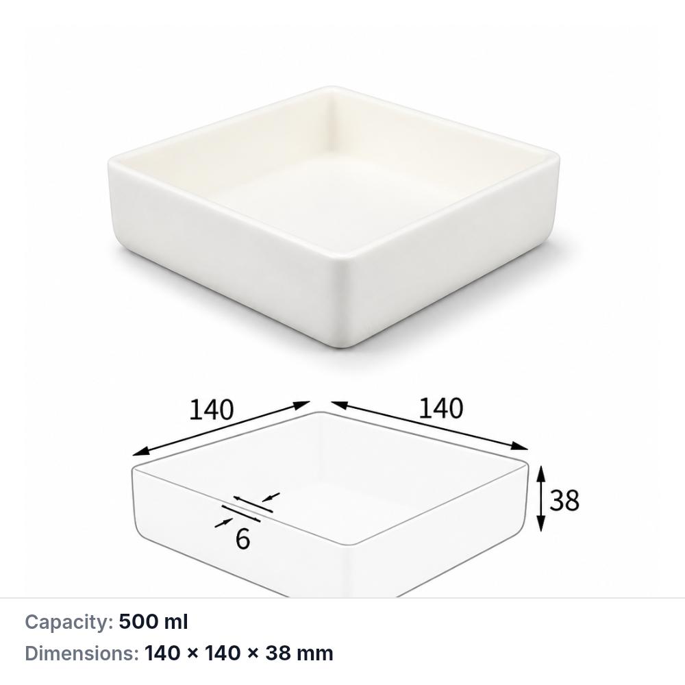 (MQABO174) Square Alumina Boat, 140 × 140 × 38 mm, 500 mL