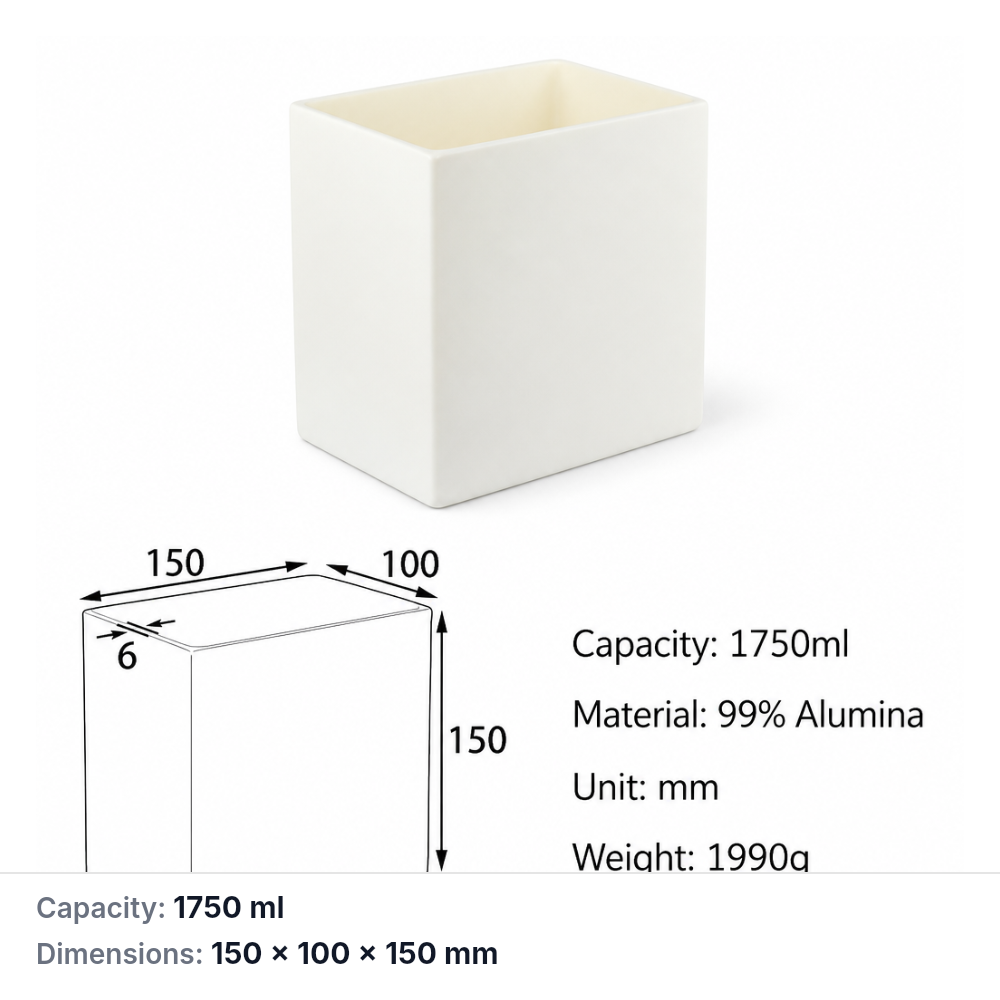 (MQABO181) Rectangular Alumina Boat, 150 × 100 × 150 mm, 1750 mL