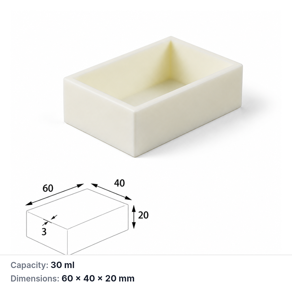 (MQABO193) Rectangular Alumina Boat, 60 × 40 × 20 mm, 30 mL