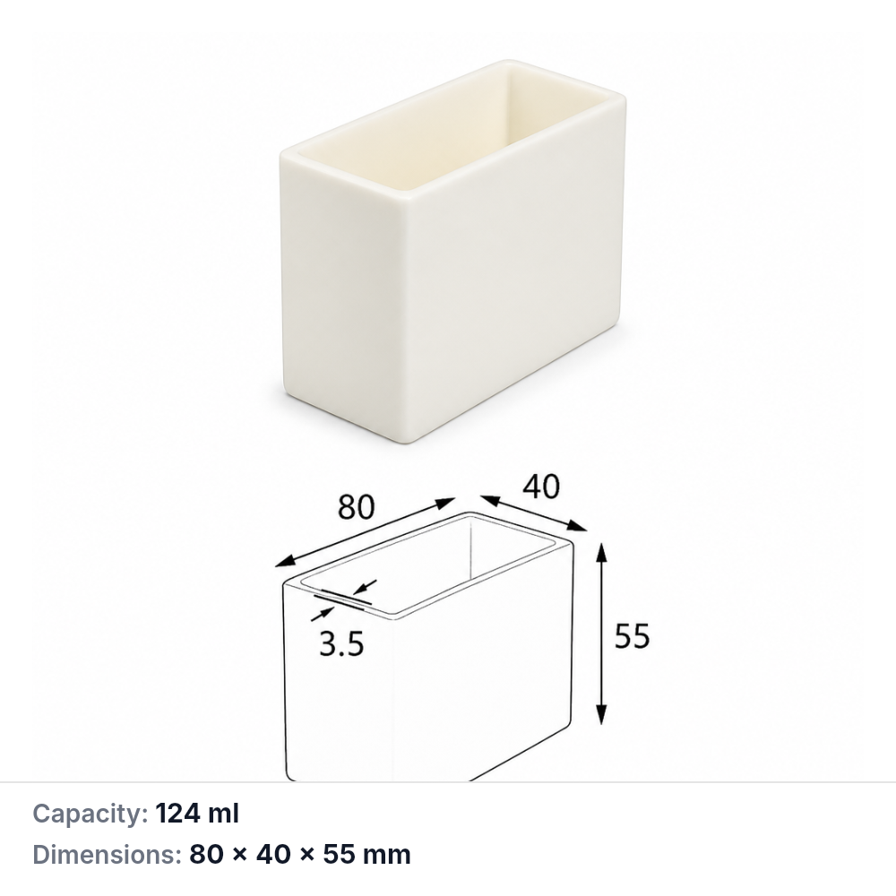 (MQABO194) Rectangular Alumina Boat, 80 × 40 × 55 mm, 124 mL