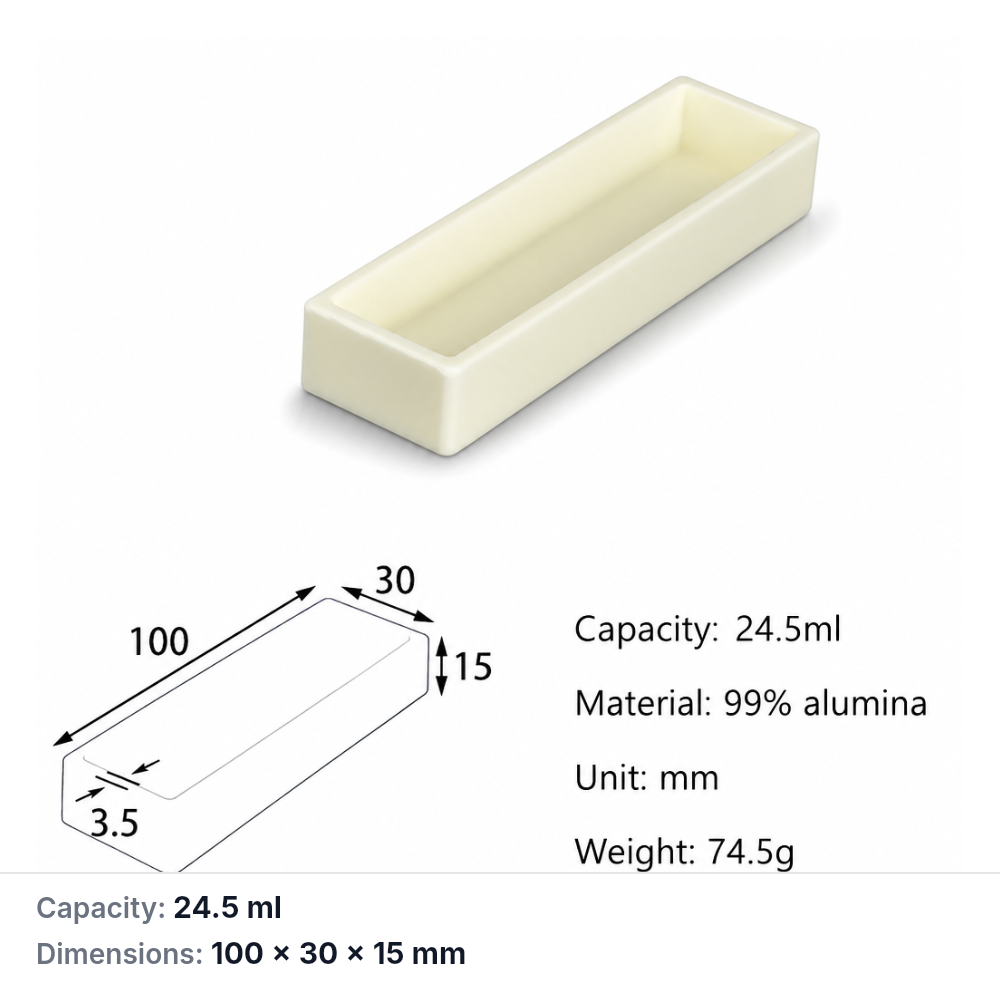 (MQABO231) Rectangular Alumina Boat, 100 × 30 × 15 mm, 24.5 mL