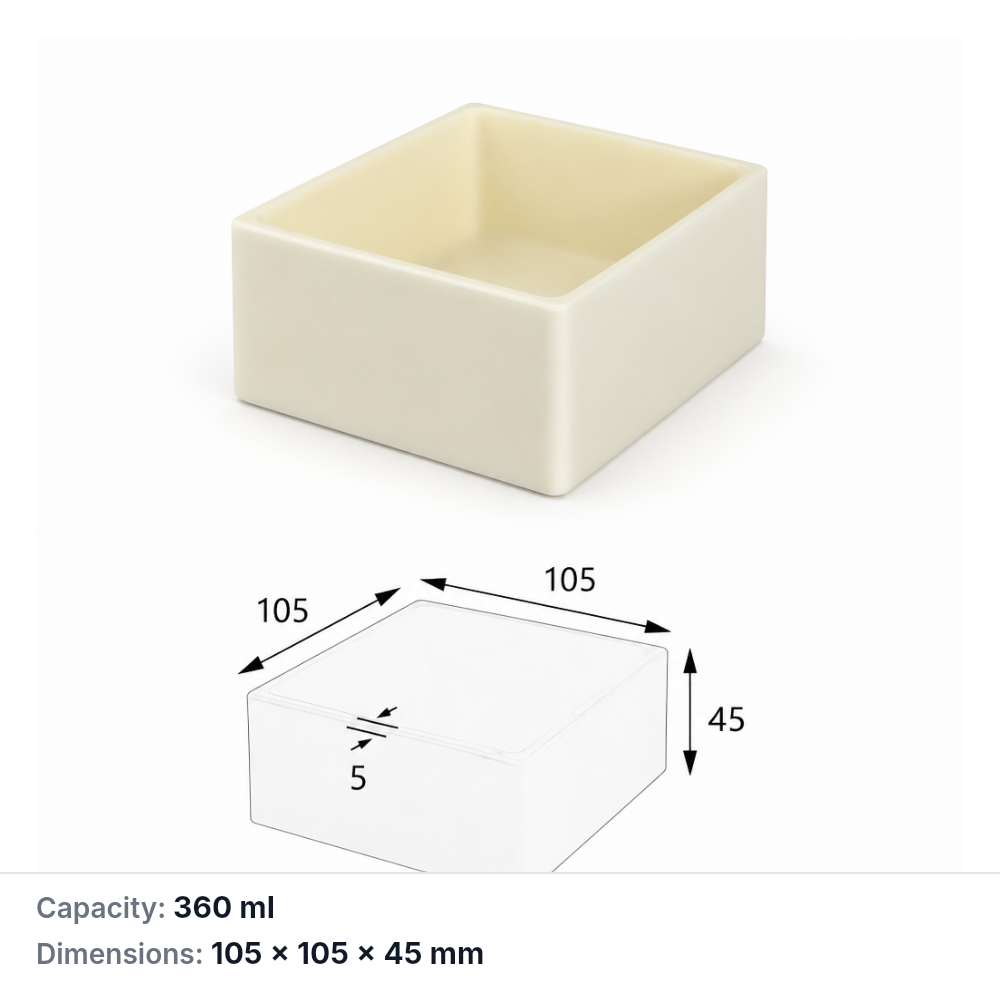 (MQABO233) Square Alumina Boat, 105 × 105 × 45 mm, 360 mL