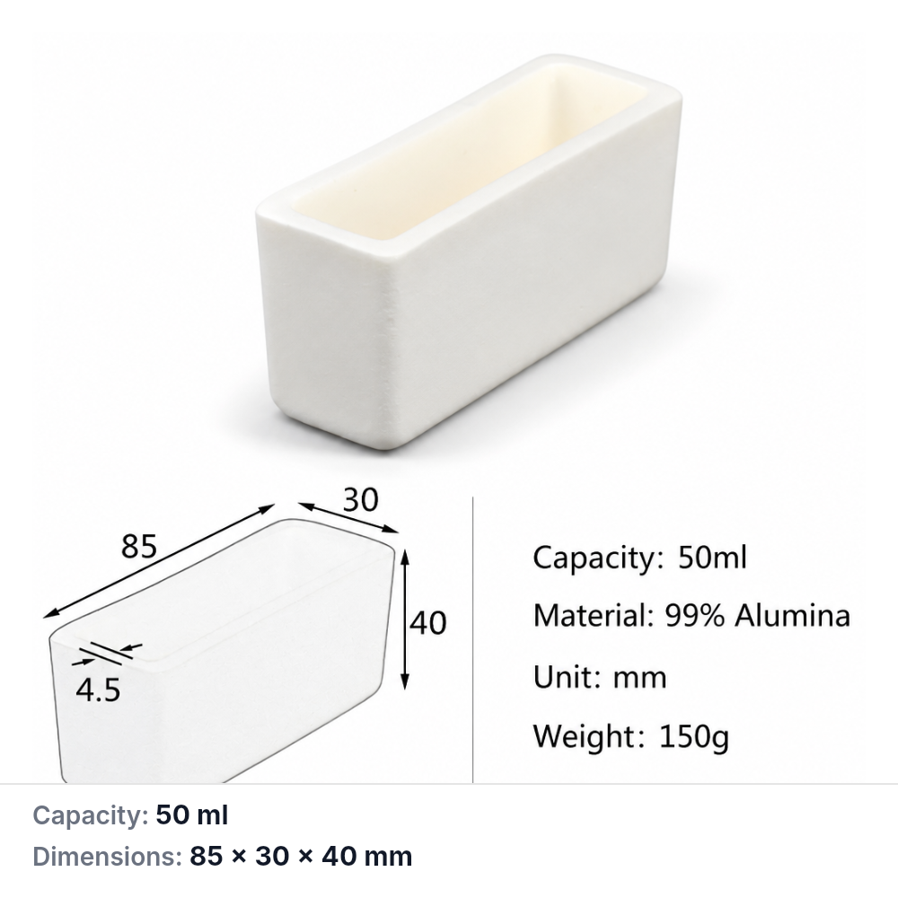 (MQABO272) Rectangular Alumina Boat, 85 × 30 × 40 mm, 50 mL