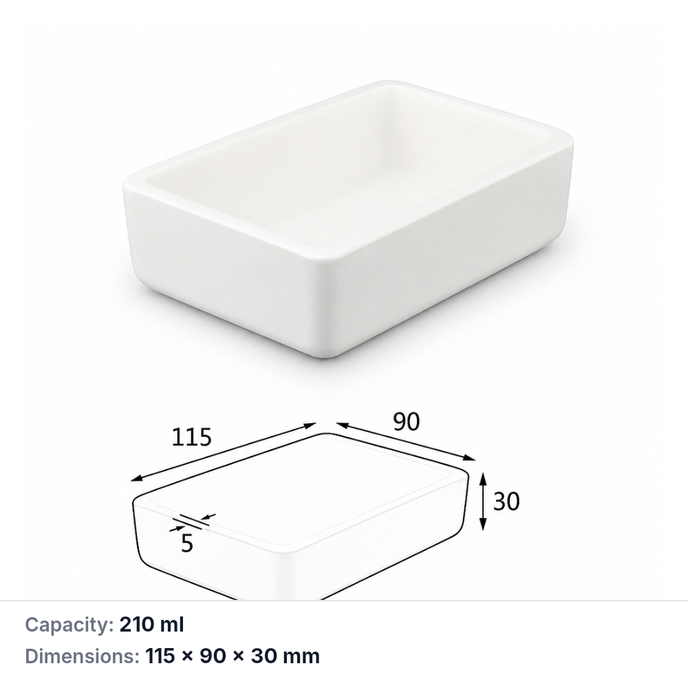 (MQABO283) Rectangular Alumina Boat, 115 × 90 × 30 mm, 210 mL