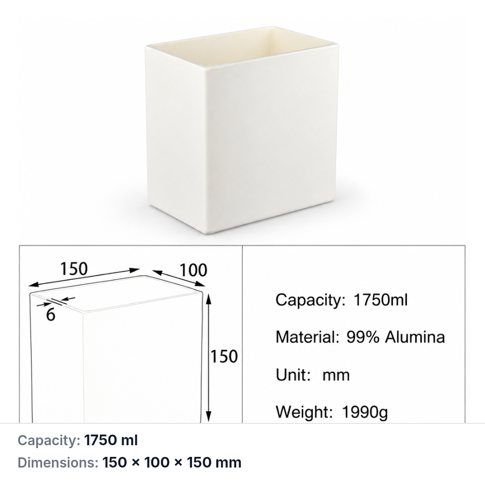 (MQABO286) Rectangular Alumina Boat, 150 × 100 × 150 mm, 1750 mL
