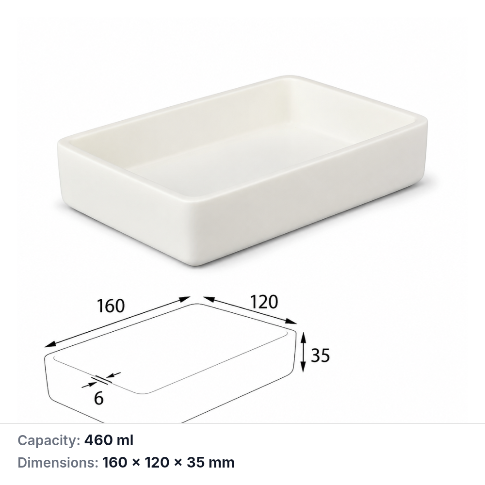 (MQABO288) Rectangular Alumina Boat, 160 × 120 × 35 mm, 460 mL