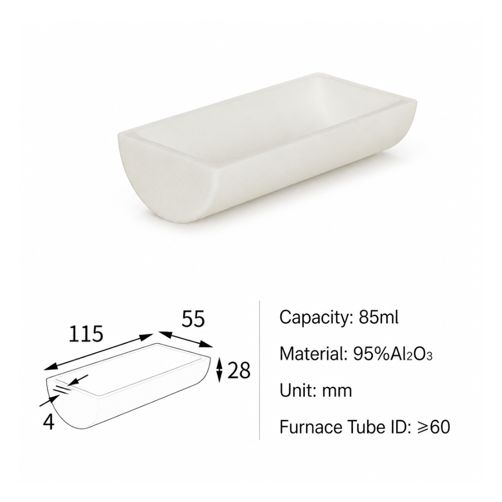 MQABO329: Semi-cylindrical Alumina Boat, 115 × 55 × 28 mm