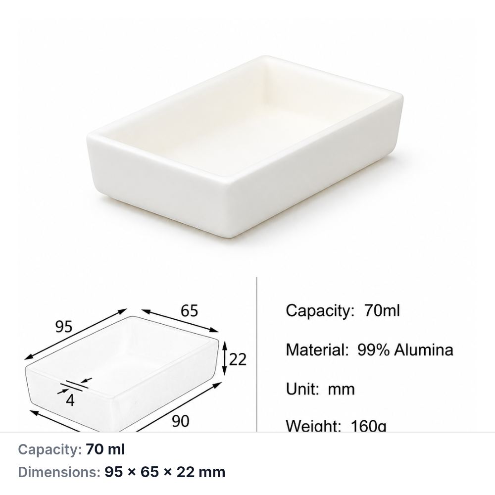 MQABO347: Trapezoidal Alumina Boat, 95 × 65 × 22 mm, 70 mL