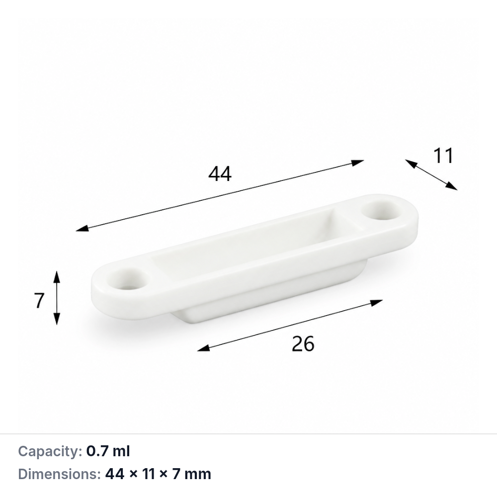 MQABO356: Perforated Rectangular Alumina Boat, 44 × 11 × 7 mm, 0.7 mL