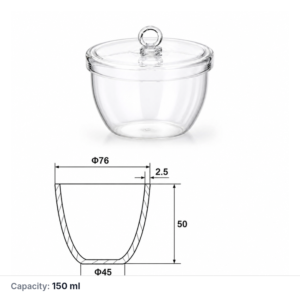 Quartz Crucible, 150 mL, 60 g, With Lid, Quartz, Low-Profile, 1 Piece