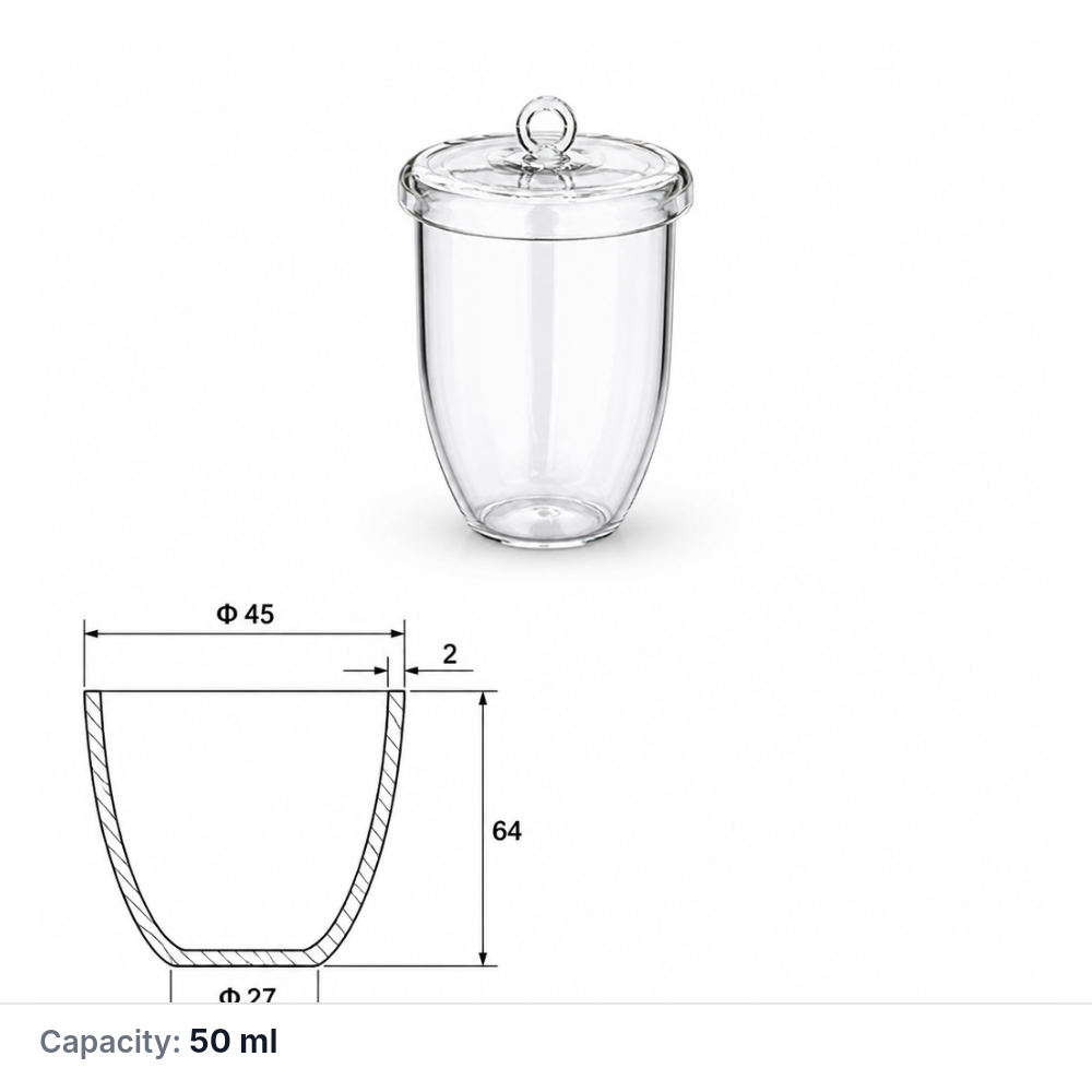 Quartz Crucible, 50 mL, 64 mm, 35 g, With Lid, Quartz, 1 Piece