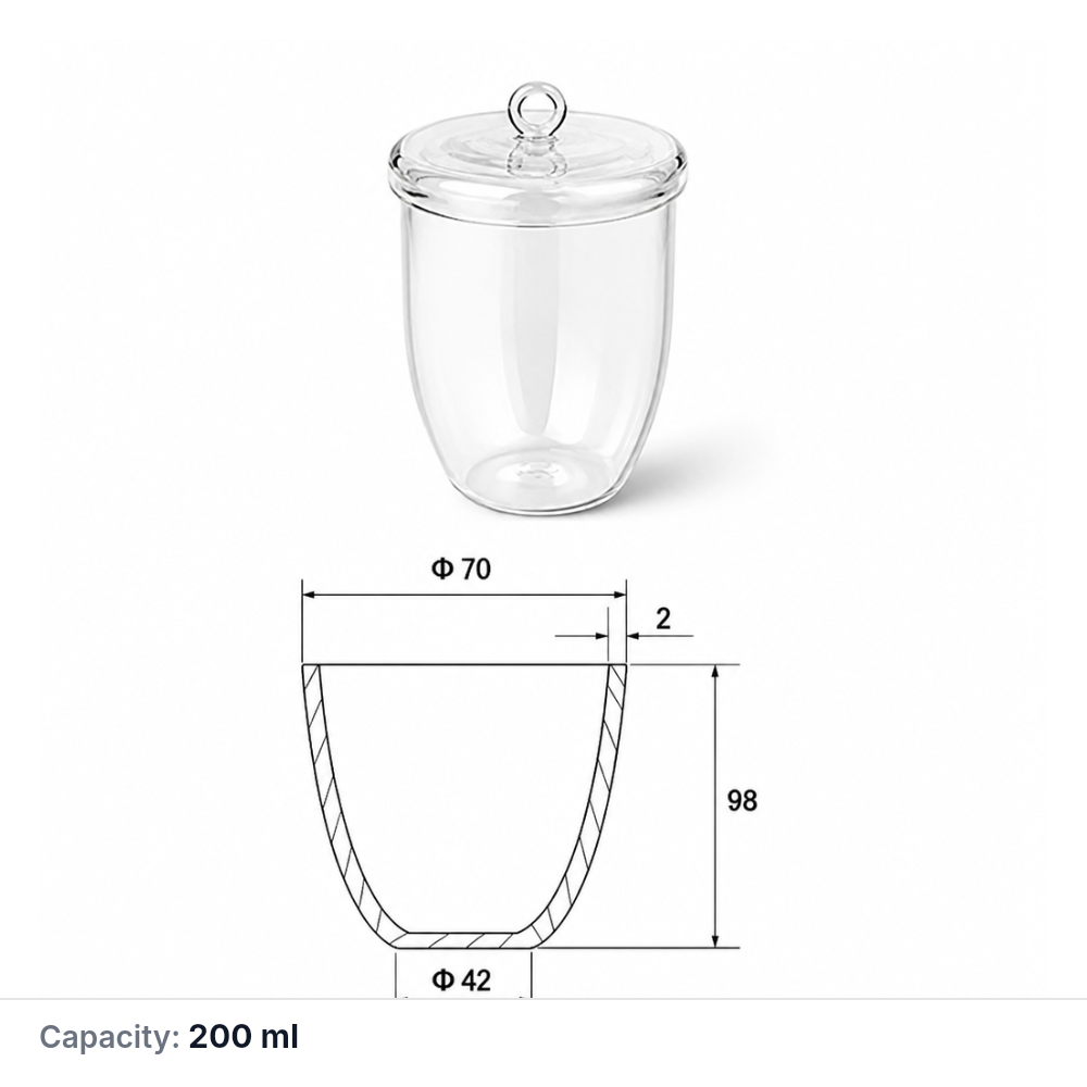 Quartz Crucible, 200 mL, 98 mm, 80 g, With Lid, Quartz, 1 Piece