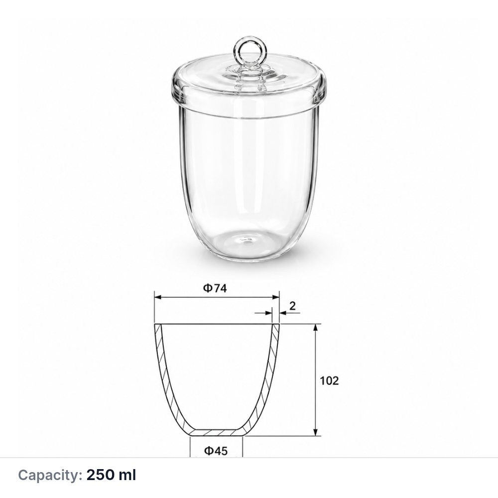 Quartz Crucible, 250 mL, 74 mm, 102 mm, 100 g, Quartz, With Lid, 1 Piece
