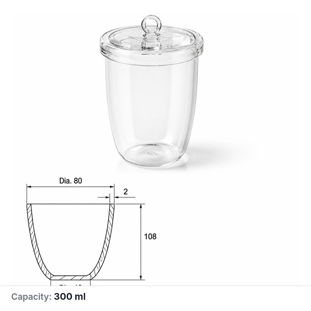 Quartz Crucible, 300 mL, 108 mm, 110 g, With Lid, Quartz, 1 Piece